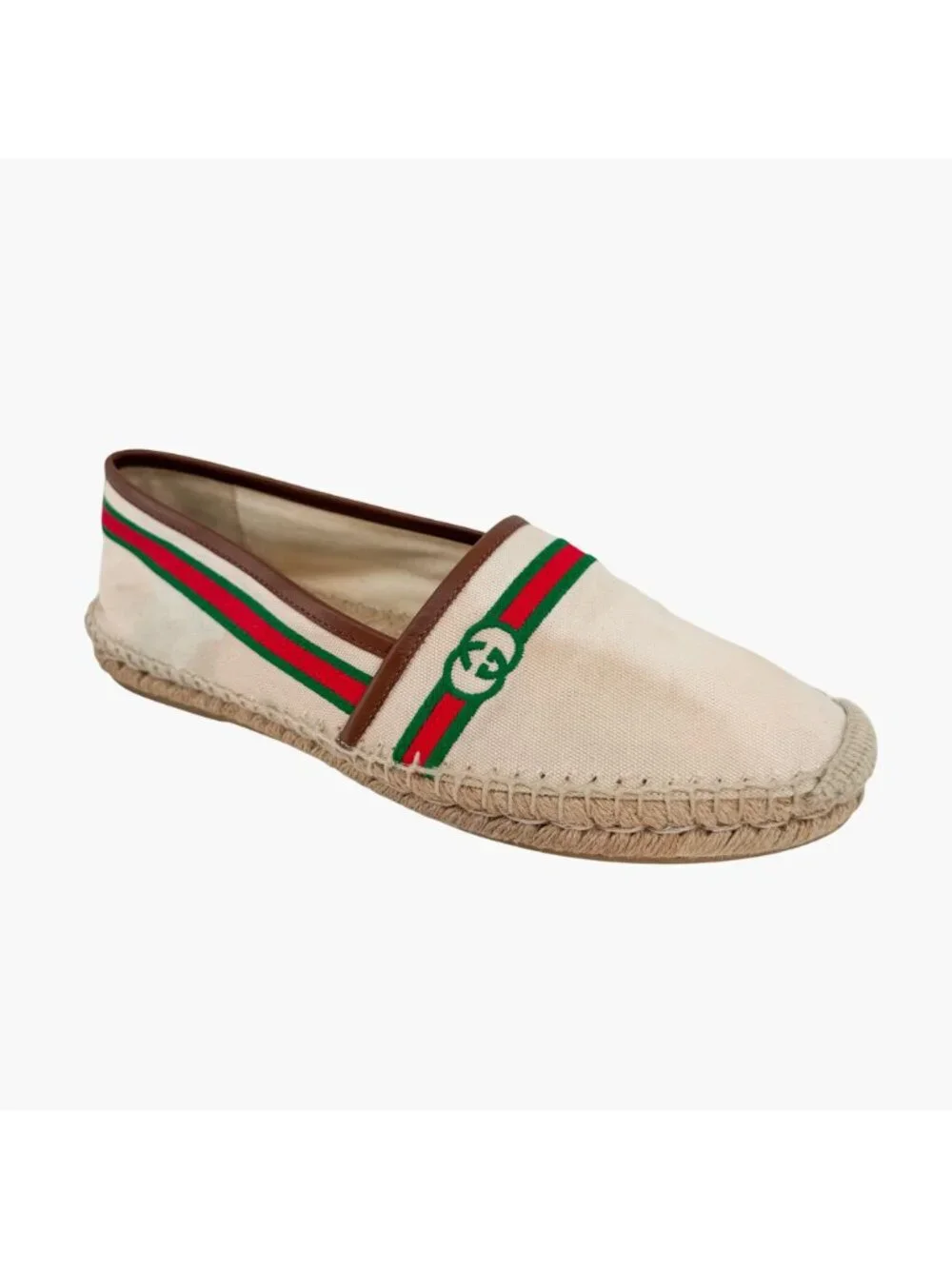 Gucci Interlocking GG Web Espadrille Flats Beige Canvas Size 41 US 11 Women’s